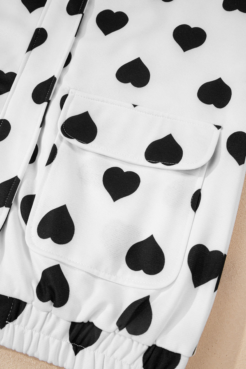 Double Flap Pocket Heart Print Collar Zip Jacket