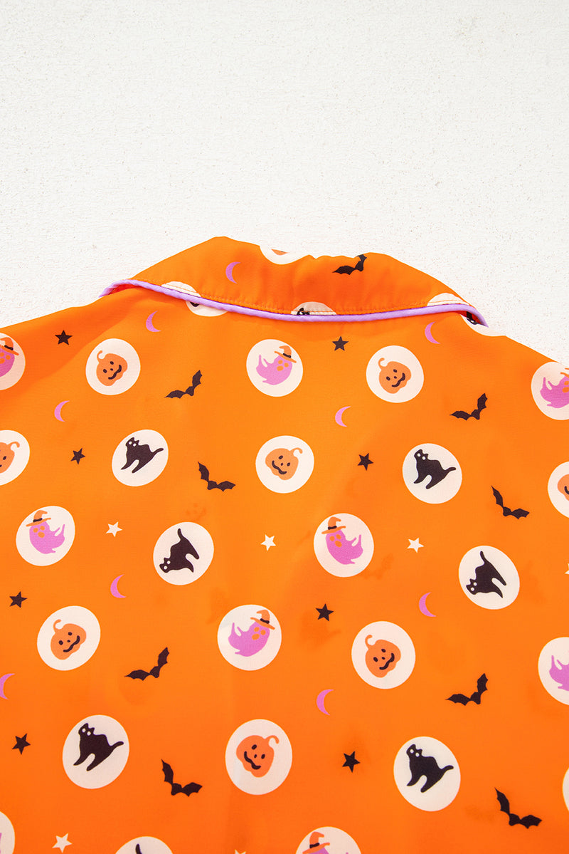 Halloween Print Lapel Shirt Long 2pcs Pajama Set