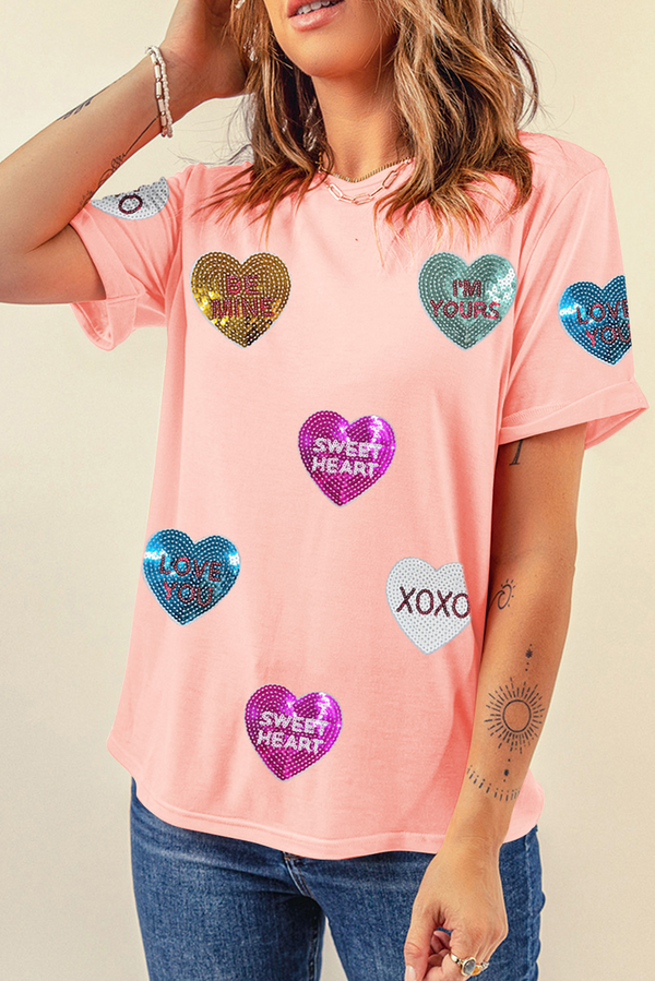 Sequin Valentines Lettering Heart Patched Crewneck T Shirt