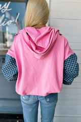 Checkered Patchwork Kangaroo Pocket Half Zipper Hoodie