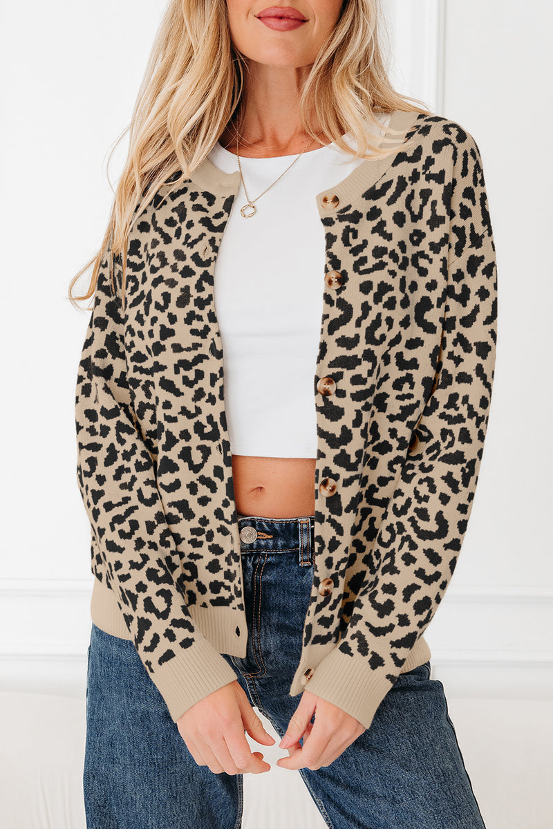 Leopard Drop Shoulder Chunky Knitted Cardigan Sweater