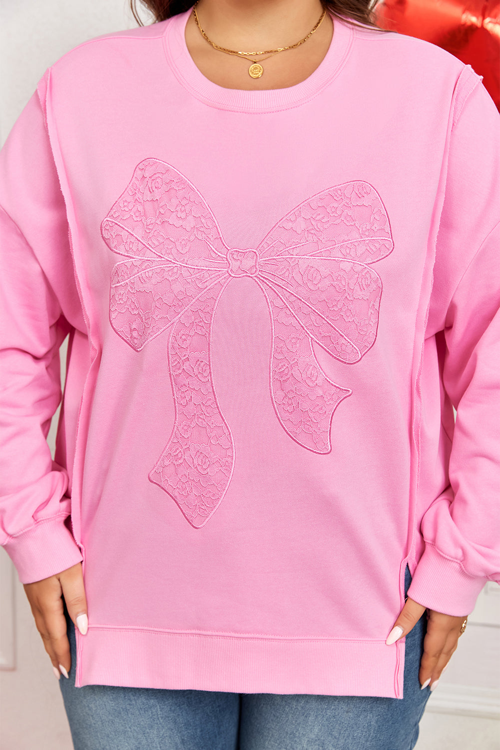 Big Bow Lace Embroidered Dolman Sleeve Slit Plus Size Sweatshirt