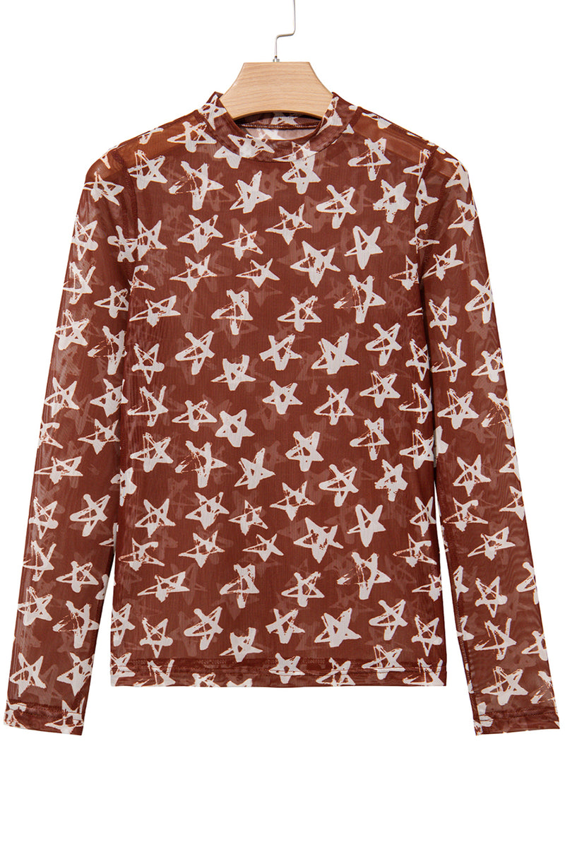 Red Mesh Star Print Mock Neck Sheath Long Sleeve Top