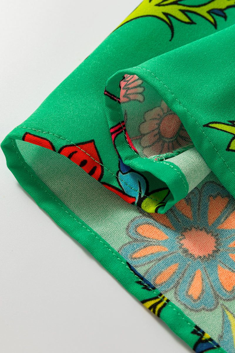 Floral Print Flutter Sleeve Frilly Neck Blouse