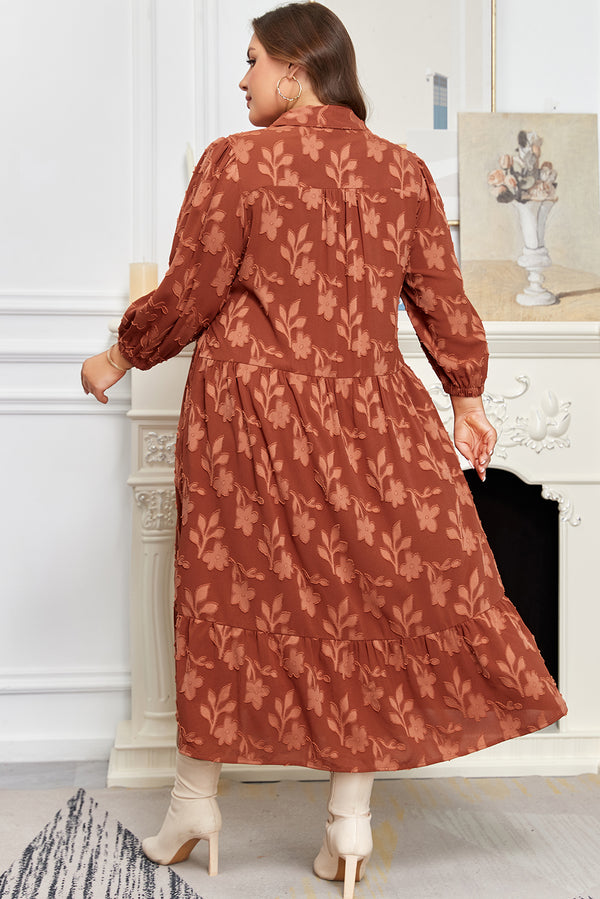 Plus Size Textured 3D Flower Pattern Ruffle Hem 3/4 Sleeve Long Dress