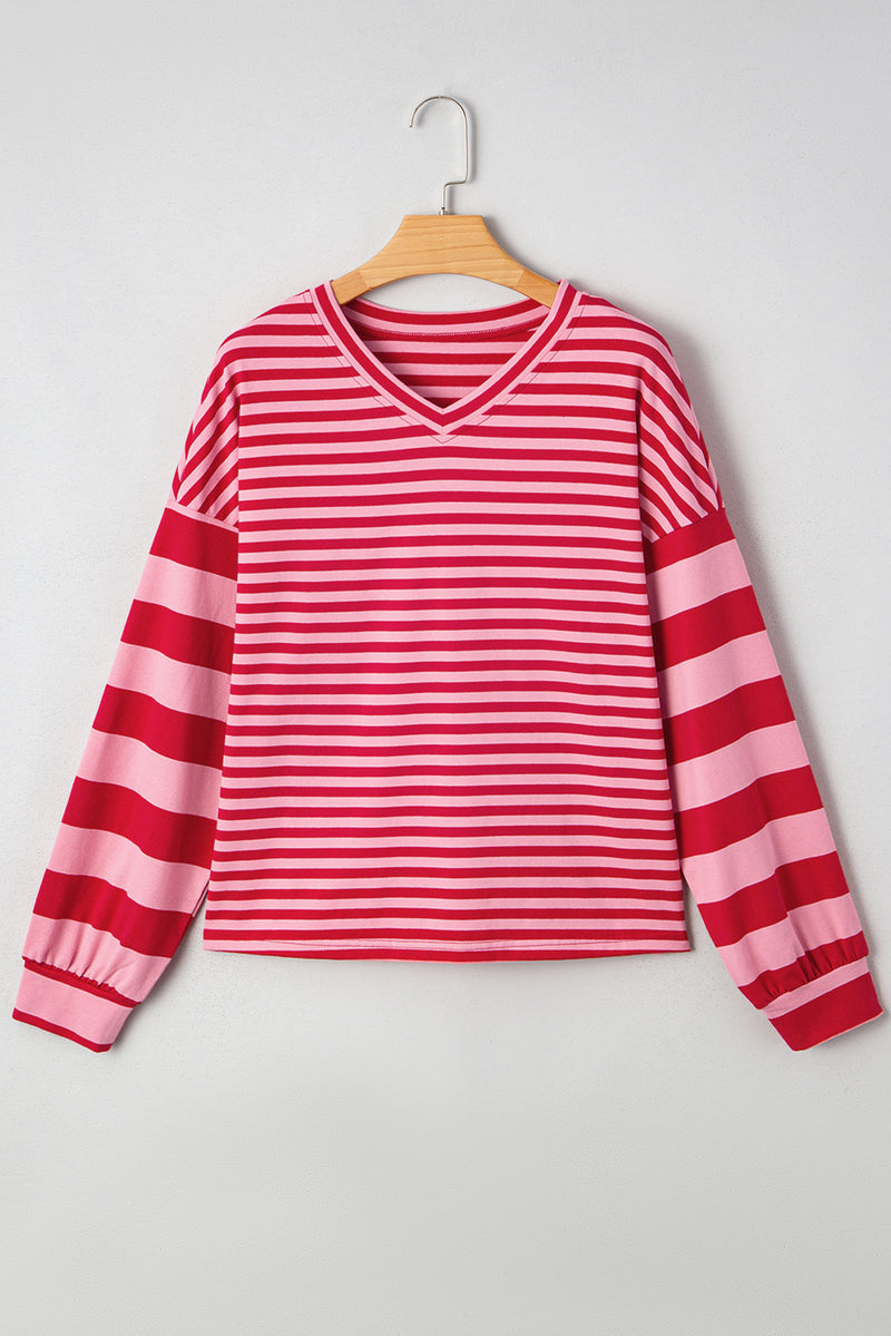 Mix Striped Drop Shoulder Patchwork Sleeve V Neck Pullover
