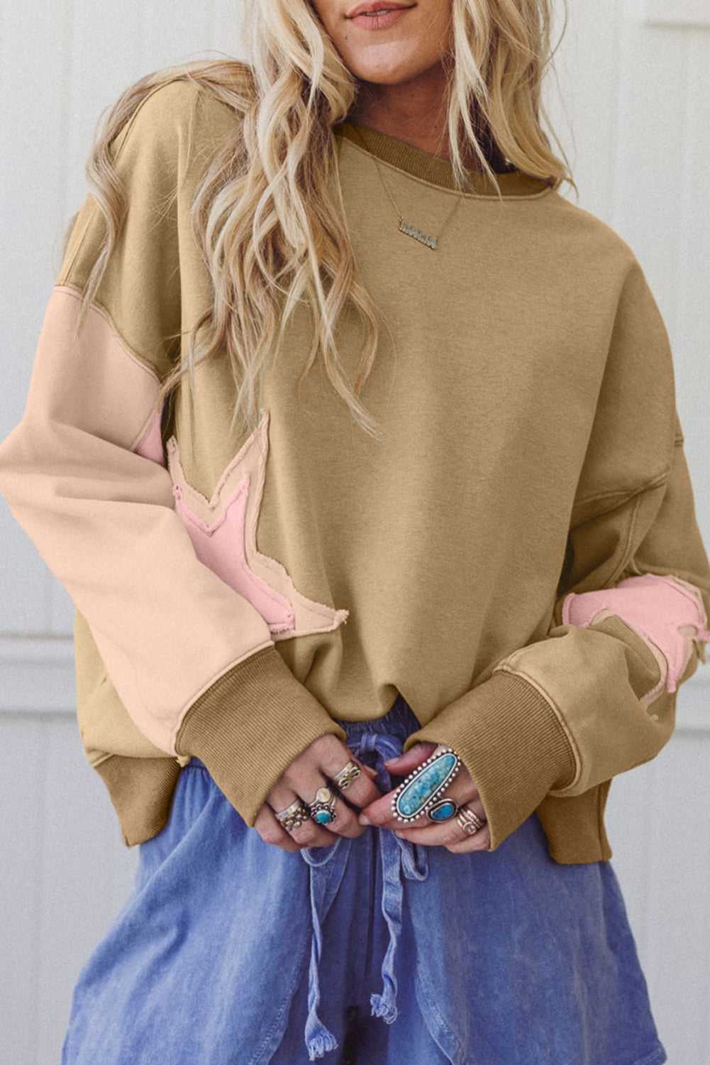 Contrast Star Patchwork Exposed Seam Uneven Hem Drop Shoulder Sweatshirt