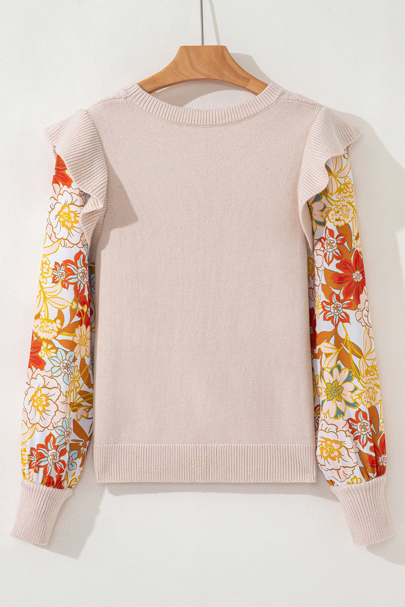 Parchment Cable Knit Ruffle Detail Contrast Floral Sleeve Patchwork Sweater