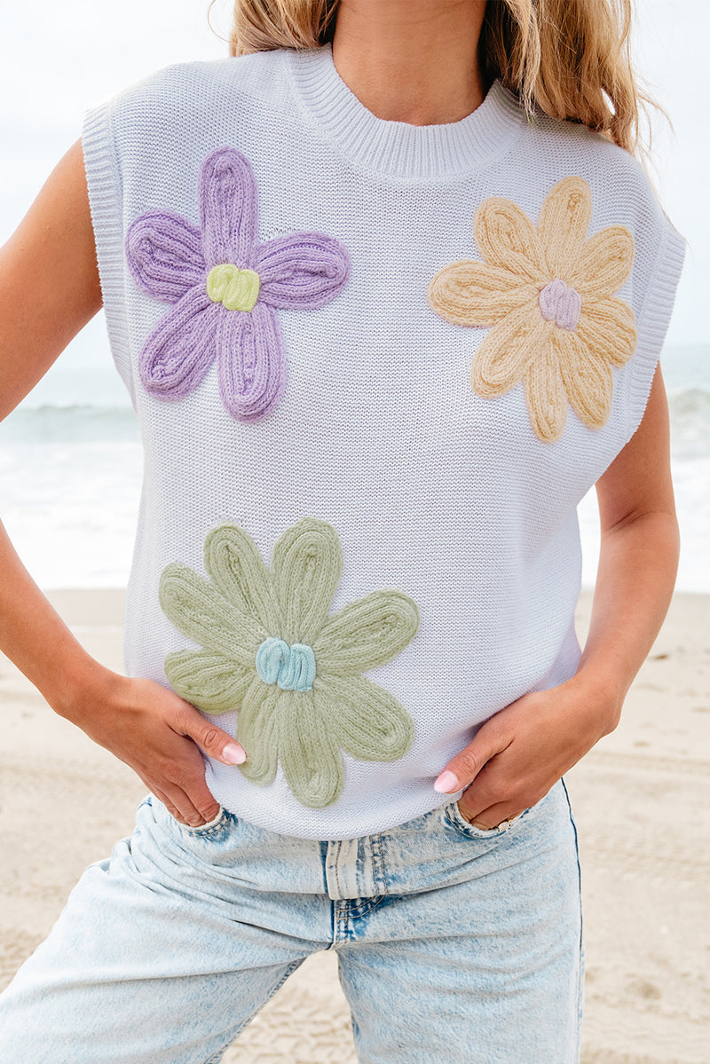 Multicolour Crochet Flower Knit Short Sleeve Sweater Top