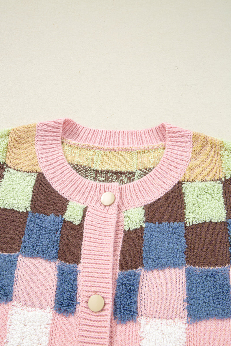 Multicolour Plush Checkered Pattern Button Front Cardigan Sweater