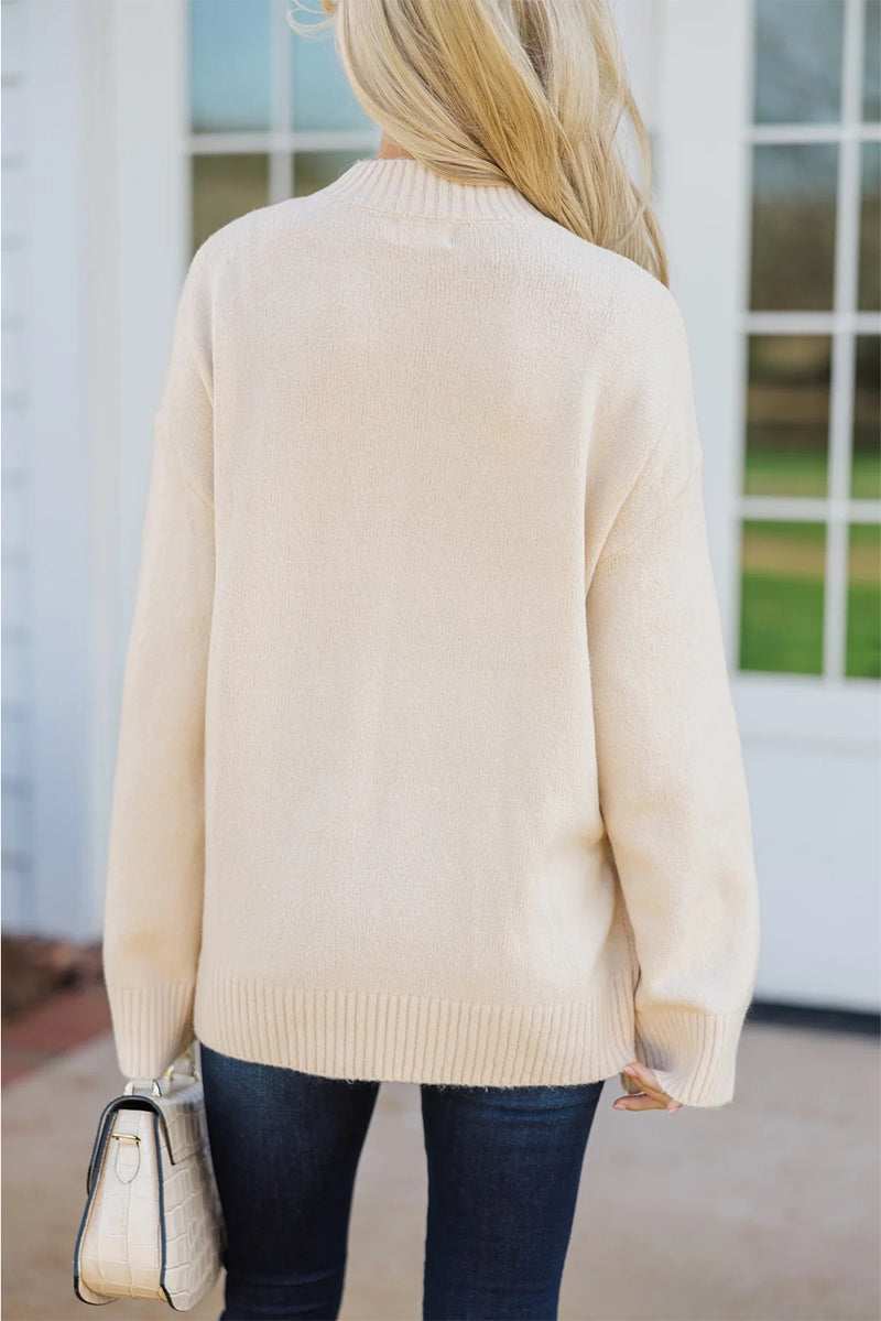 Embroidered Flower Bouquet Ribbed Trim Loose Sweater