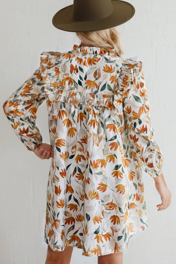 Floral Print Tie Neck Frilled Detail Long Sleeve Mini Dress