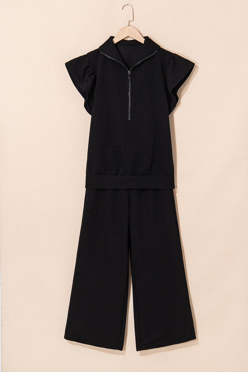 Solid Textured Ruffled Sleeve Zipped Top and Wide Leg Pants Set