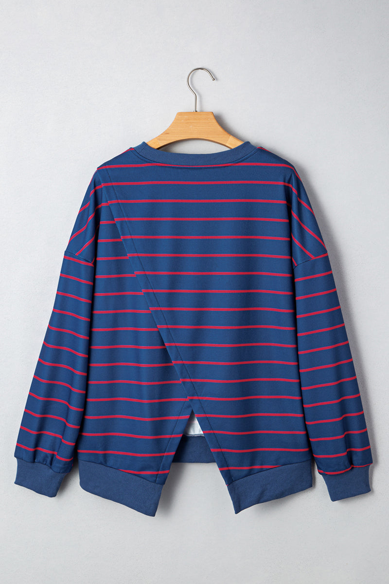 Stripe Stylish Overlap Detail Drop Shoulder Pullover Sweatshirt