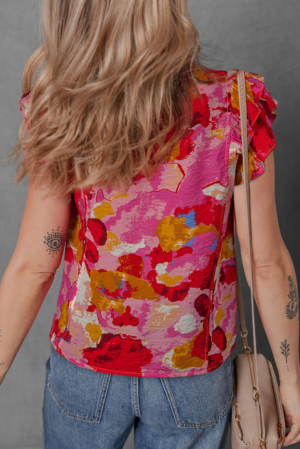 Abstract Print Split V Neck Ruffle Short Sleeve Blouse