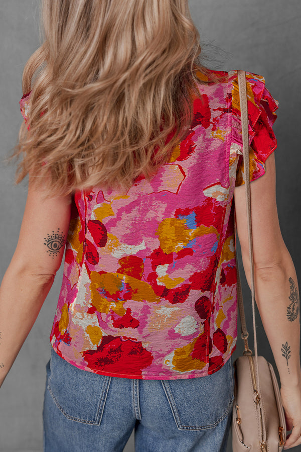 Abstract Print Split V Neck Ruffle Short Sleeve Blouse