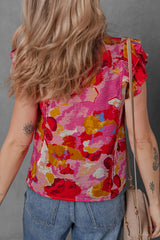 Abstract Print Split V Neck Ruffle Short Sleeve Blouse