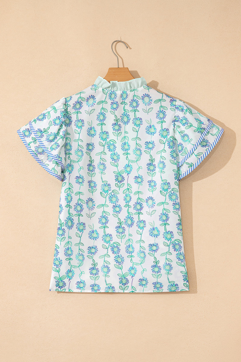 Floral Print Striped Detail Contrast V Neck Patchwork Flutter Sleeve Blouse