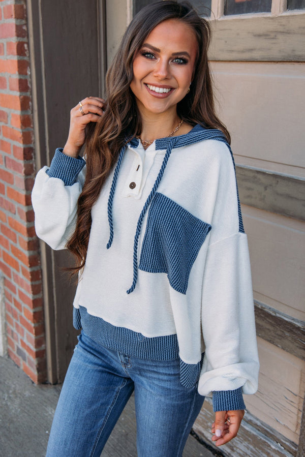 Corded Colorblock Patch Pocket Drawstring Hooded Top