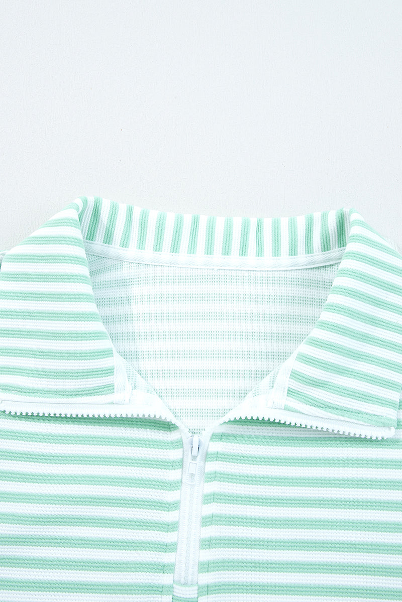 Stripe Quarter Zip Collar Pullover Long Sleeve Top