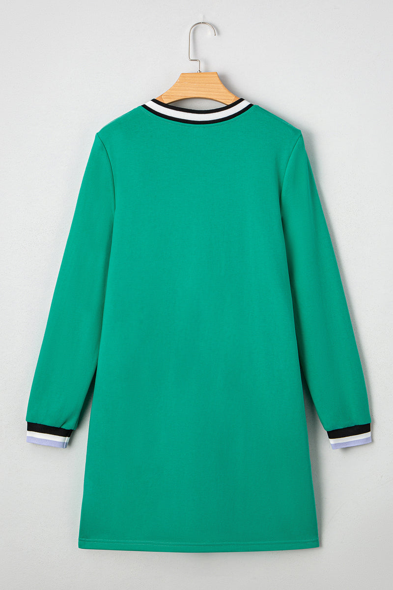 Varsity Contrast Striped V Neck Long Sleeve T Shirt Dress with Pockets