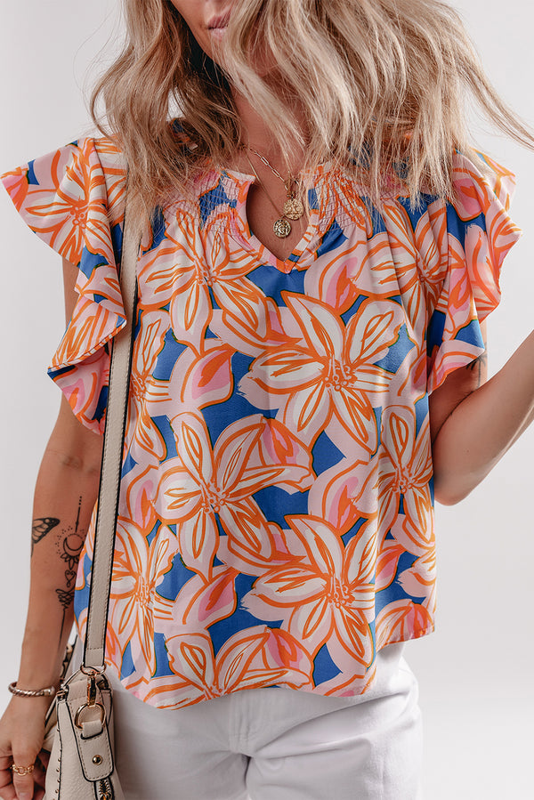 Summer Flower Print Notched Neck Ruffle Sleeve Blouse