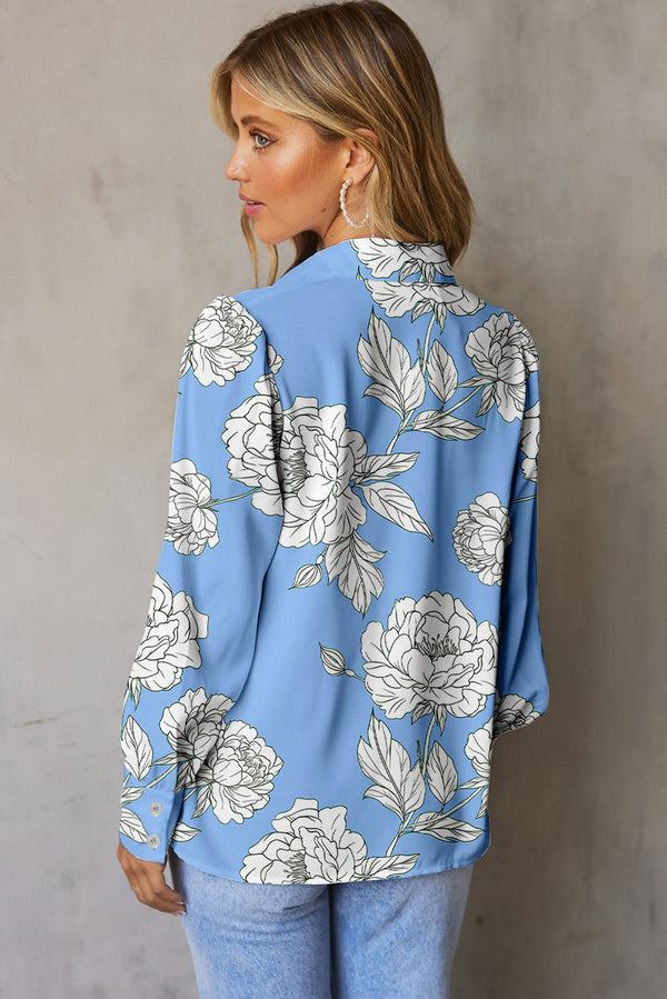 Floral Print Button Up Pleated Detail Puff Sleeve Shirt