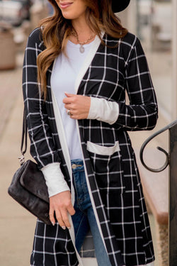 Plaid Colorblock Edge Open Cardigan with Pocket