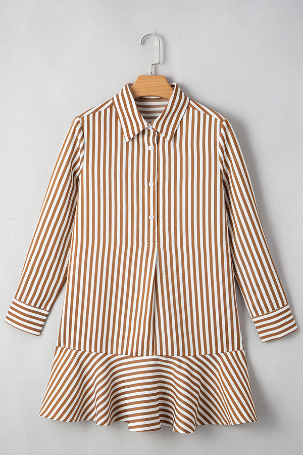 Stripe Ruffled Hem Collared Long Sleeve Shirt Mini Dress
