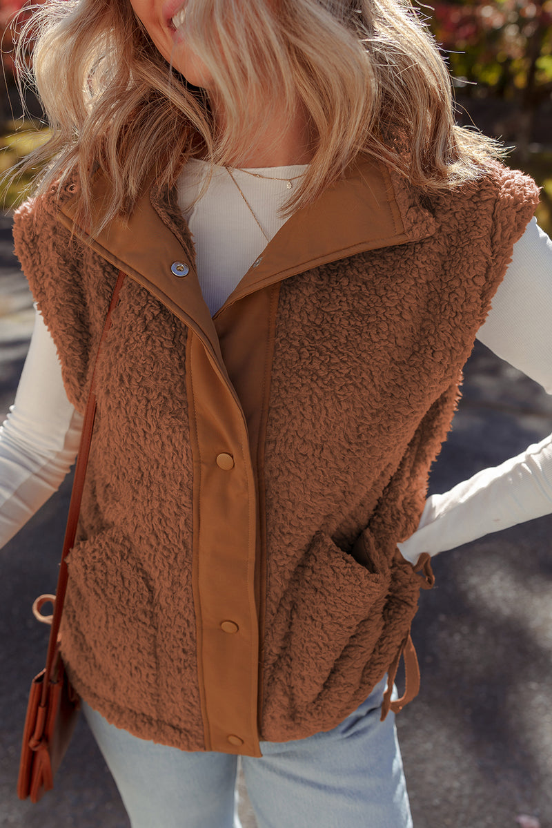Faux Fur Snap Button Front Knot Side Plush Vest with Pockets