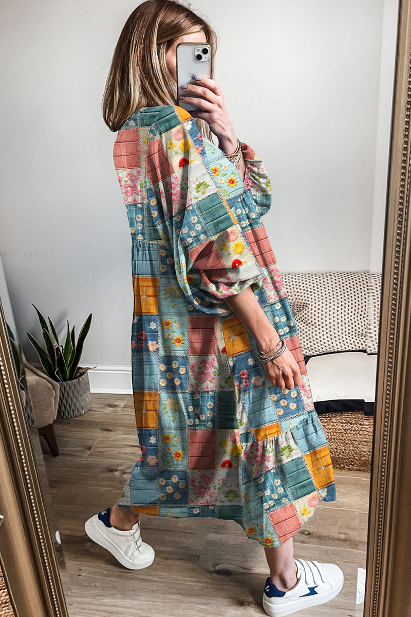 Multicolour Mix Floral Checkered Pattern Bubble Sleeve Ruffle Hem Dress