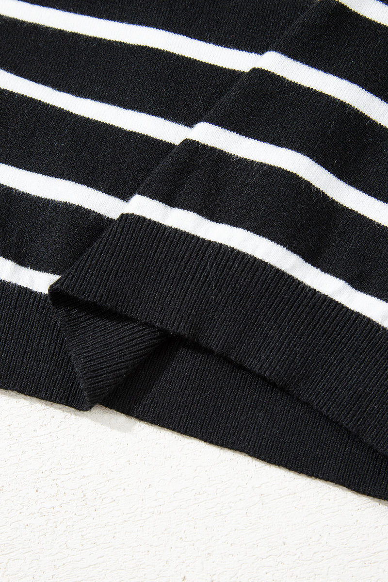 Stripe Ribbed Trim Round Neck Bubble Sleeve Knitted Top