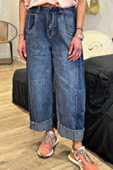 Blue Stitched Raw Hem Wide Leg Loose Jeans