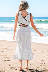 Stripe Criss Cross Side Slits Slim Fit Sleeveless Midi Dress