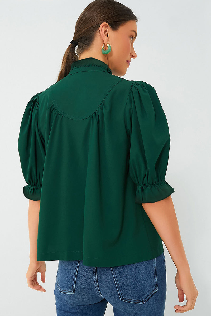 Solid Stripe Plaid Puff Sleeve Frilled Trim Elegant Blouse