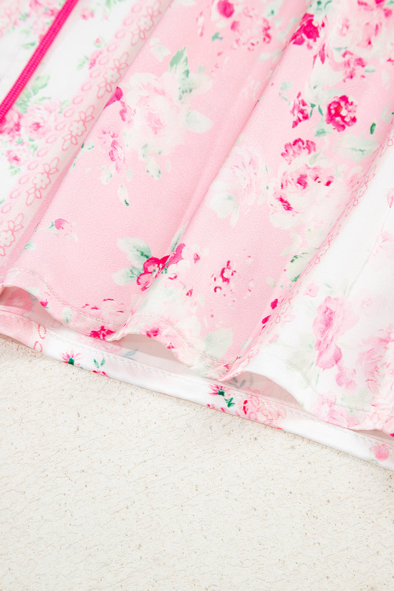 Mixed Floral Print Contrast Piping Trim Satin Tie 2pcs Pajama Set