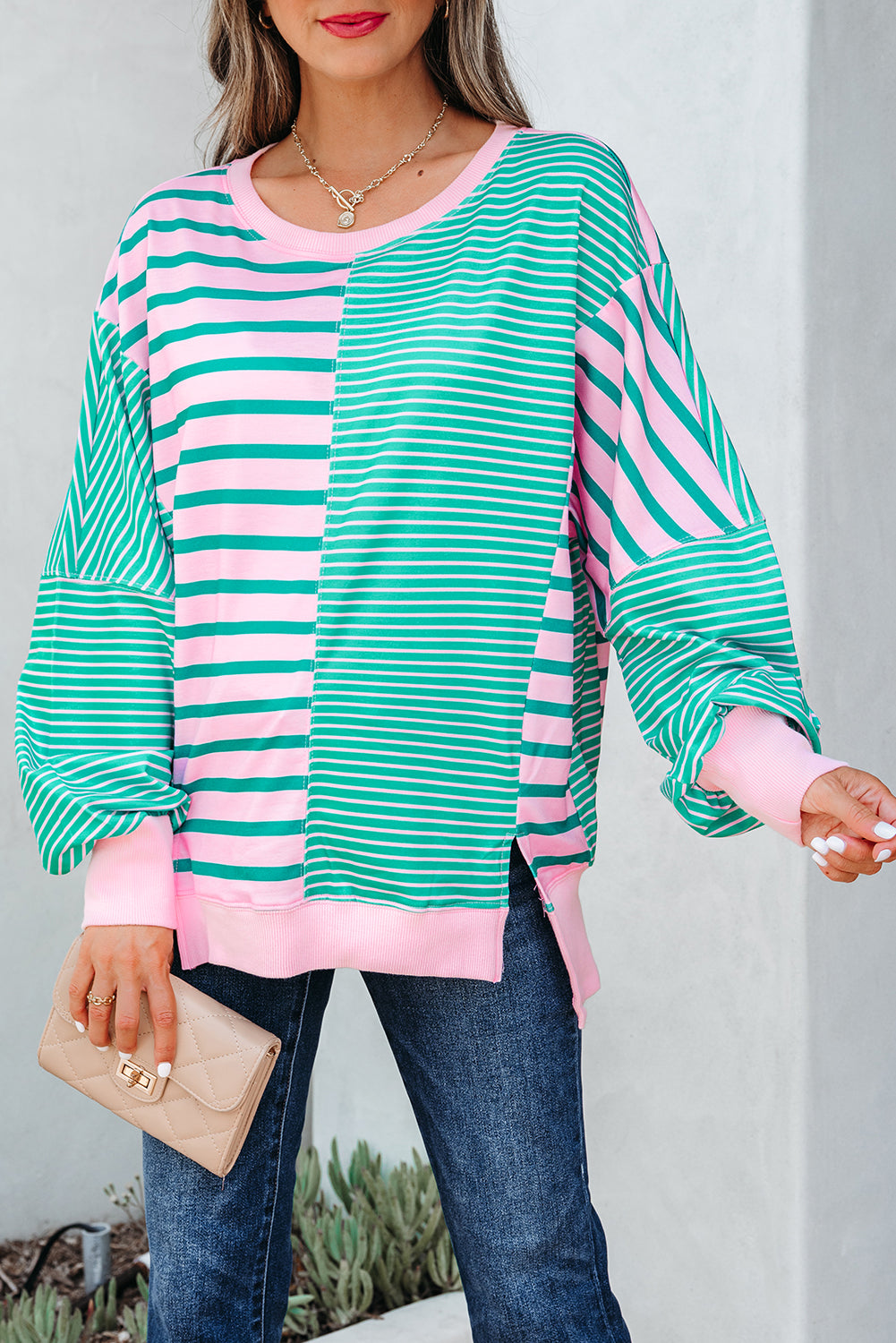 Stripe Mix Pattern Color Block Patchwork Side Slit Baggy Sweatshirt