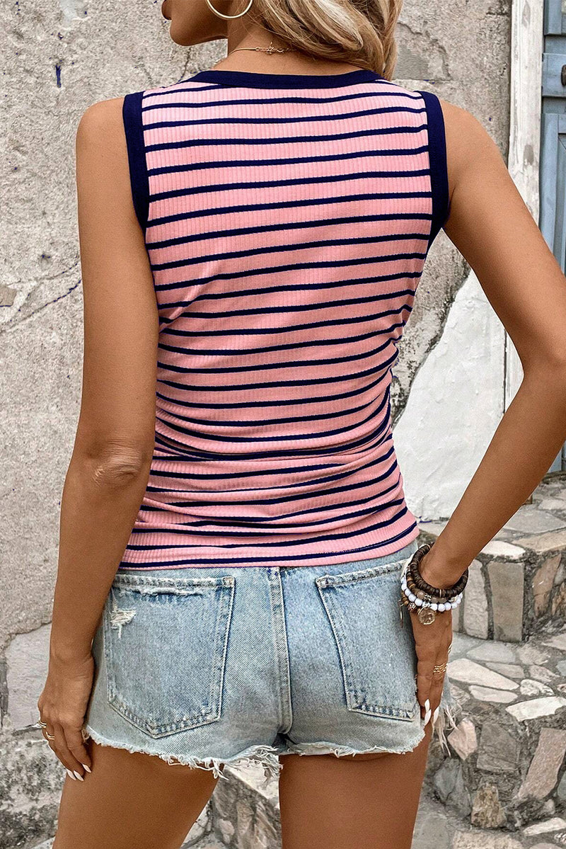 Stripe Contrast Round Neck Sleeveless Slim Top