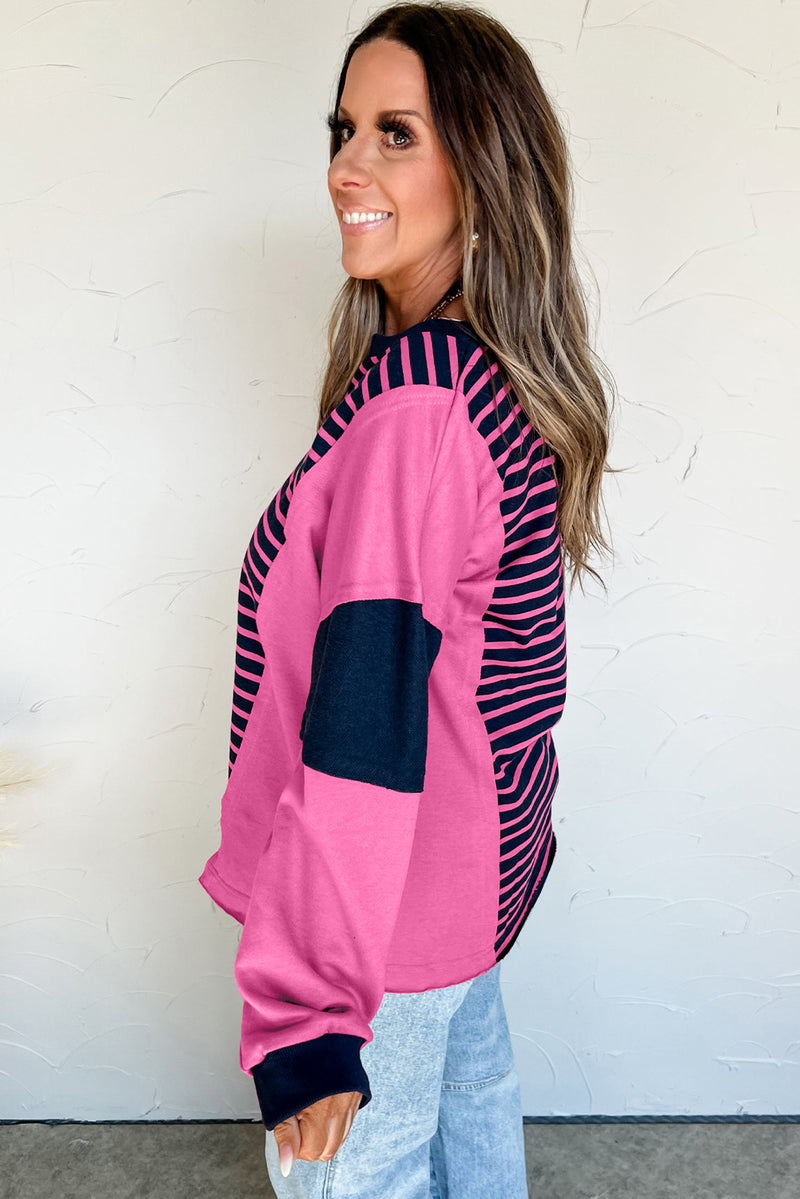 Stripe Color Block V Neck Loose Fit Long Sleeve Top