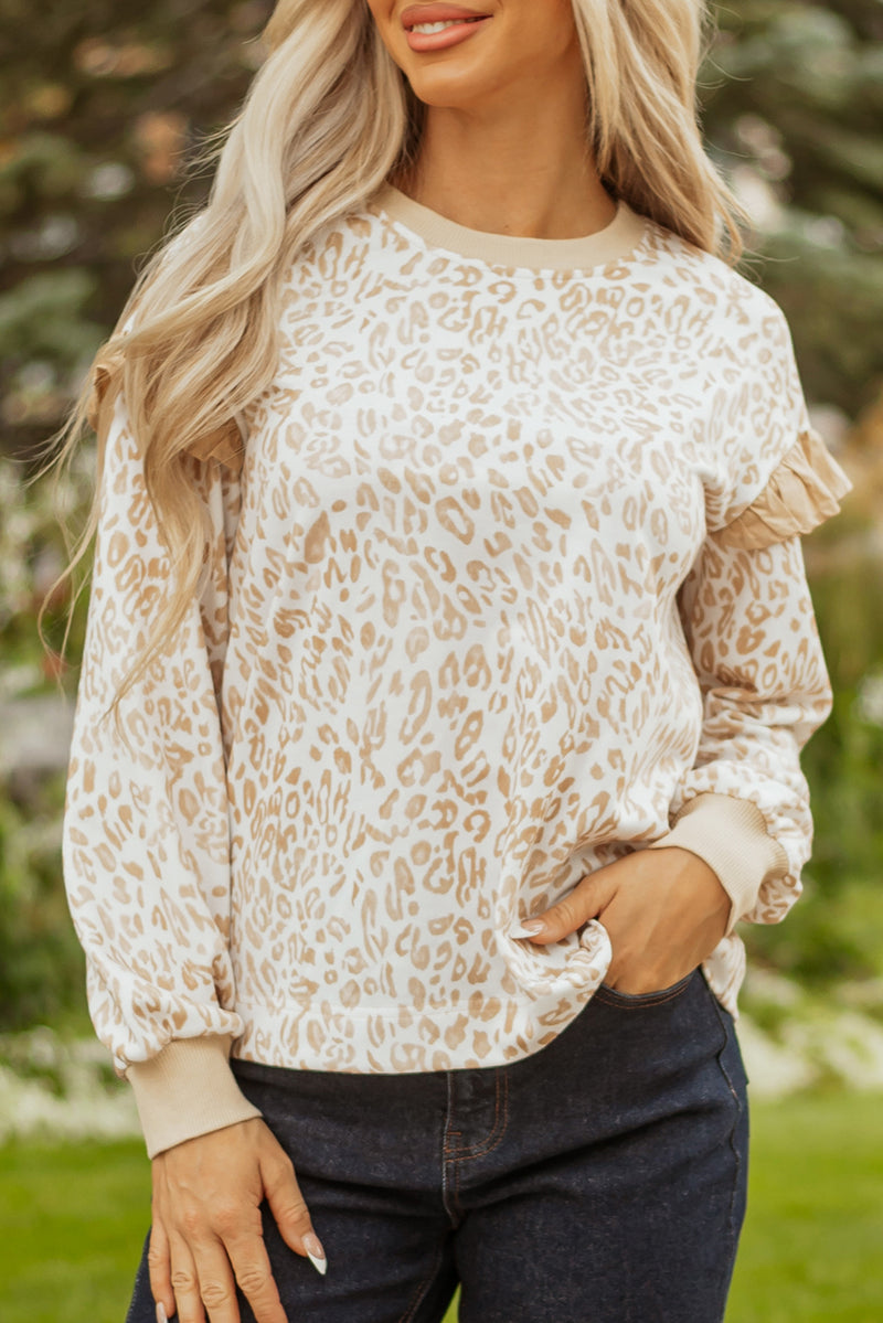 Leopard Ruffle Detail Ribbed Trim Round Neck Sweatshirt
